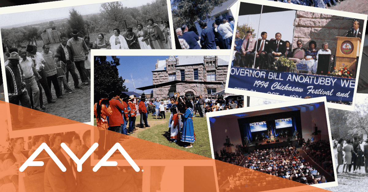 Historical collage of Chickasaw Annual Meeting and Festival photos, featuring black-and-white and color images spanning decades. Shows traditional gatherings, people in cultural dress and Governor Bill Anoatubby at the 1994 Chickasaw Festival AYA logo overlaid on coral gradient.