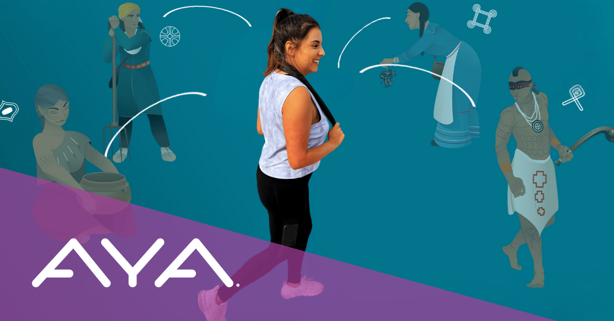 A photo of a person in athletic wear smiling and holding workout equipment, against a teal background featuring stylized avatars of AYA walking partners in traditional/cultural dress. The AYA logo appears in white on a purple diagonal section at the bottom.