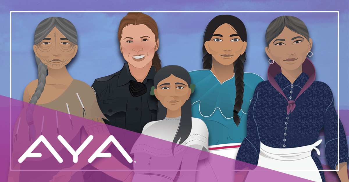 Illustration of five diverse Chickasaw women AYA walking partners, shown as digital avatars against a purple-blue gradient background. From left to right: an elder with gray braids, a woman in police uniform, a young girl in white, a woman in turquoise, and a woman in traditional dress.