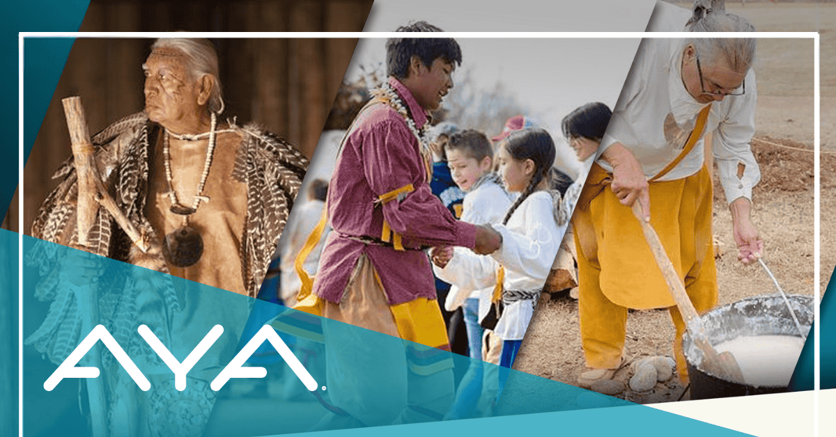 Three images of Chickasaw cultural demonstrations: an elder wearing traditional regalia and necklaces holding a ceremonial pipe, a person in historical dress teaching children, and someone in yellow regalia demonstrating traditional cooking methods. AYA logo overlaid.